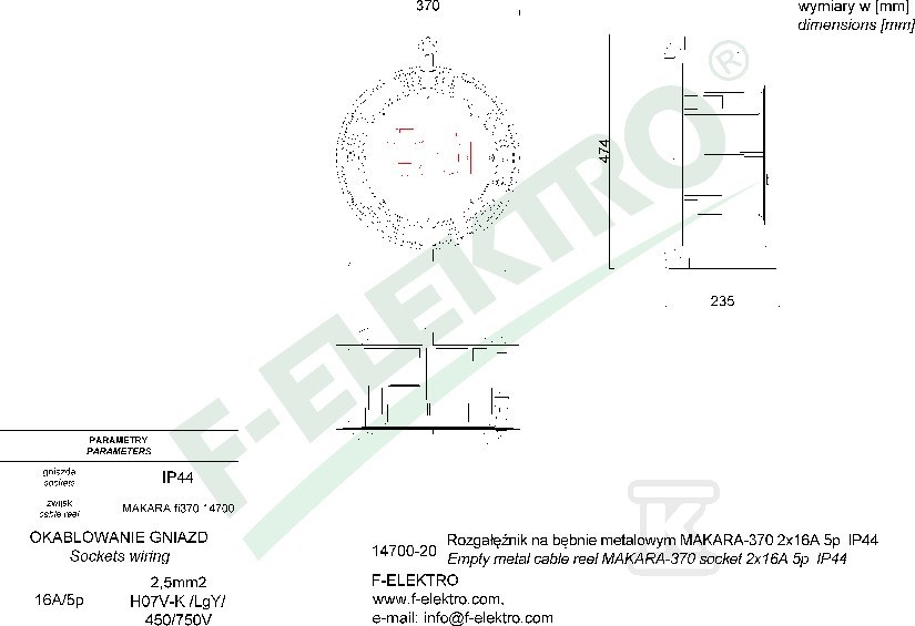 Rozgałęźnik bębnowy, MAKARA-370 16A 5p, - 14700-21